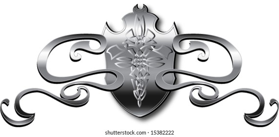silver abstract human celtic knot design on knight shield and ribbon vector illustration