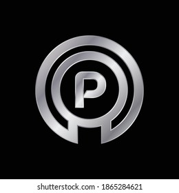 Diseño del logotipo P de la letra de resumen plateada.