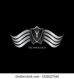 Silver Abstract Shield on Wing letter Y logo icon design concept for technology business or more brand identity.