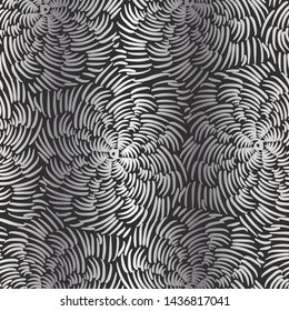 Silver Abstract swirly texture flowing hand drawn rotated mandala line pattern.  Seamless repeat vector pattern.  Small micro marks like animal fur print.  Black background.
