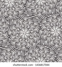 Silver Abstract swirly texture flowing hand drawn rotated mandala line pattern.  Seamless repeat vector pattern.  Small micro marks like animal fur print.  Black background.