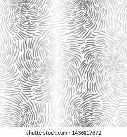 Silver Abstract swirly texture flowing hand drawn rotated mandala line pattern.  Seamless repeat vector pattern.  Small micro marks like animal fur print.  White background.
