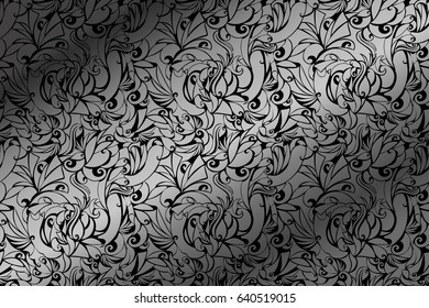 Silver abstract texture with plant different asymmetrical elements on a black background
