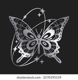 Silver abstract y2k butterfly. Shiny flying insect, y2k butterfly silhouette with oval shapes, stars and sparkles decor flat vector illustration. Retro aesthetic butterfly