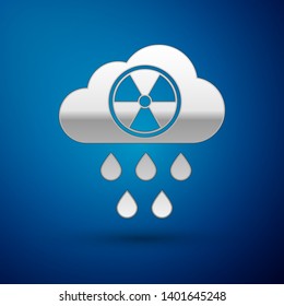 Silver Acid rain and radioactive cloud icon isolated on blue background. Effects of toxic air pollution on the environment. Vector Illustration
