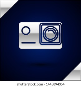 Silver Action extreme camera icon isolated on dark blue background. Video camera equipment for filming extreme sports.  Vector Illustration