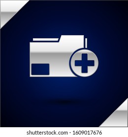 Silver Add new folder icon isolated on dark blue background. New folder file. Copy document icon. Add attach create folder make new plus.  Vector Illustration
