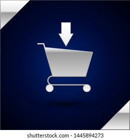 Silver Add to Shopping cart icon isolated on dark blue background. Online buying concept. Delivery service sign. Supermarket basket symbol.  Vector Illustration