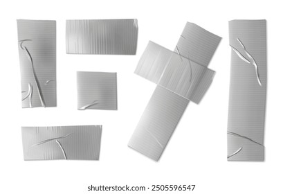 Silver adhesive tape pieces with texture. Realistic 3d vector illustration set of cut glued sticky paper strip with grey metal color and wrinkles. Plastic bandage patch mockup. Torn scotch sticker.