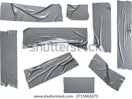 Silver adhesive tape pieces with texture. Realistic set of crumpled and torn sticky tape strips with a grey metallic finish and visible wrinkles. Plastic tape isolated on transparent background.