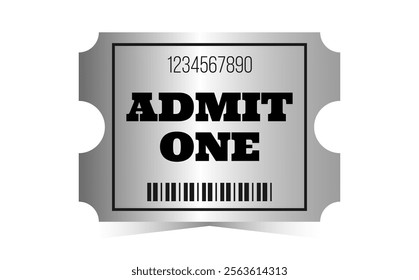 Silver admit one template. Cinema, theater, casino, concert, opera, ballet, performance aluminium design. Metal gradient coupon, barcode. Vector illustration on white background