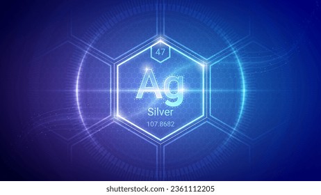 Silver (Ag) (047) Transition Metal - Fundamental Element Futuristic Neon Light Glow Hexagon Block Grid Background Design - Periodic Table, Chemical Symbol, Name, Atomic Mass, Atomic Number