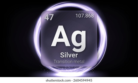 Silver (Ag) (047) Transition Metal, Glass Morphism Element Futuristic Neon Light Glow Background Periodic Table, Chemical Symbol, Name, Atomic Mass, Atomic Number, Vector Illustration