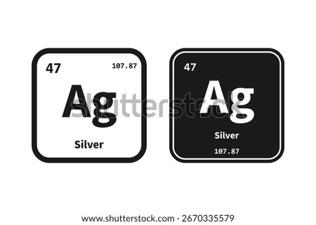 Silver, Ag, chemical periodic table element icon. The chemical element of the periodic table. Icon with molar mass and atomic number for lab, science or chemistry class.
