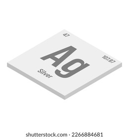 Silver, Ag, gray 3D isometric illustration of periodic table element with name, symbol, atomic number and weight. Transition metal with various industrial uses, such as in jewelry, coins, and as a