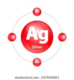Plata (Ag) Estructura del icono elemento químico forma redonda círculo luz roja con anillo envolvente. Vector de ilustración 3D. Número de periodo muestra niveles de energía de electrones. Estudios científicos para la educación