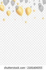 Silver Air Background Transparent Vector. Balloon Rainbow Background. Gold Happy Ballon. Baloon Shiny Frame.