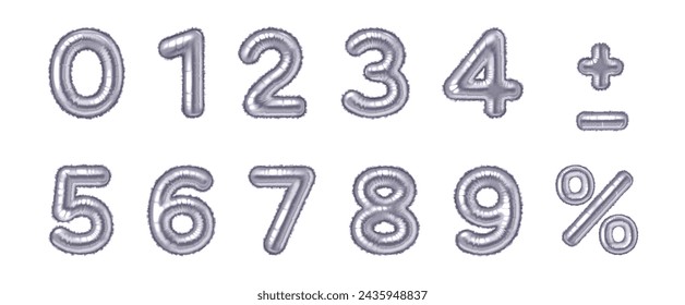 Silver air balloon numbers and math signs realistic vector illustration set. Sparkling party decor 3d models on white background collection