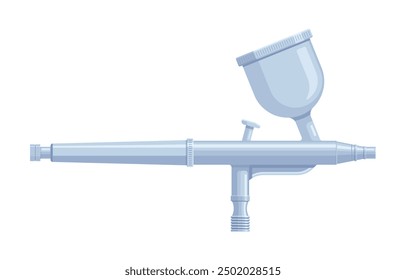 Silver airbrush gun. Flat vector illustration isolated on white background. Cake decor, makeup, and painting tool. Perfect for creative projects and technical projects