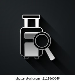 Silver Airline service of finding lost baggage icon isolated on black background. Search luggage. Long shadow style. Vector