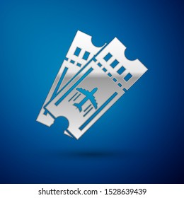 Silver Airline ticket icon isolated on blue background. Plane ticket.  Vector Illustration