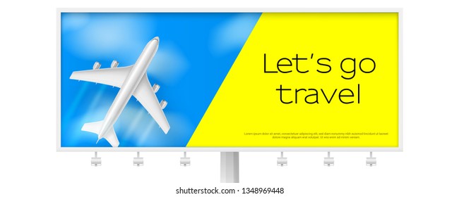 Silver airplane in blue sky with clouds. Billboard with flying plane on blue background. Concept of two-tone advertising poster for travel agencies, travel, journey. Jet commercial airplane.