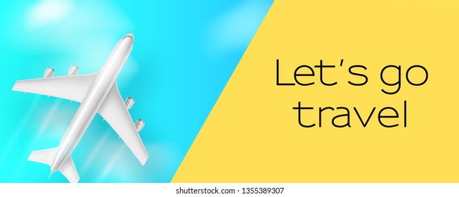 Silver airplane in blue sky. Let s go travel. Flying plane on blue background. Concept of two-tone advertising poster for travel agencies, travel, journey. Plane for travel. Jet commercial airplane