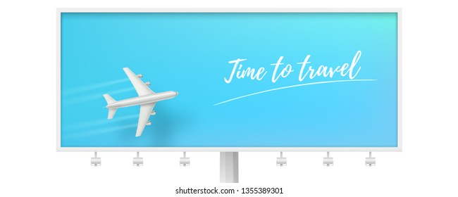 Silver airplane in blue sky on billboard. Time to travel. Flying plane on blue background. The concept of advertising banner for travel agencies, travel. Plane for travel. Jet commercial airplane