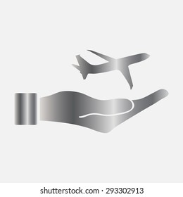 Silver Airplane Icon in hand - vector icon 