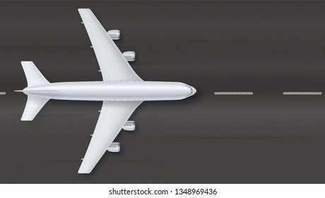 Silver airplane on the background of asphalt, top view. The plane on the runway, vector illustration. Detailed concept of aircraft. Plane for travel. Jet commercial airplane