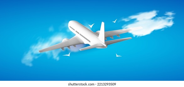 Silver airplane, top view. Flying plane on a blue background. The concept of advertising banner for travel agencies, travel.