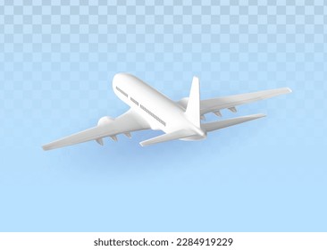 Silver airplane, top view. Flying plane on a blue background. The concept of advertising banner for travel agencies, travel. Plane for travel.