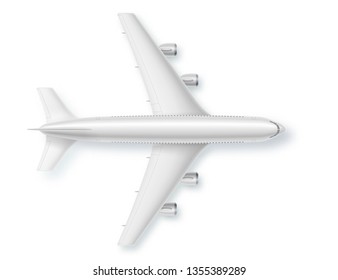 Silver airplane, top view. Vector illustration. Detailed concept of aircraft. Plane for travel. Jet commercial airplane isolated on white background