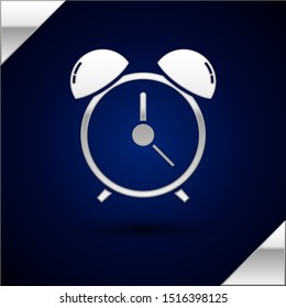 Silver Alarm clock icon isolated on dark blue background. Wake up, get up concept. Time sign.  Vector Illustration