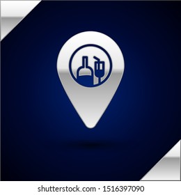 Silver Alcohol or beer bar location icon isolated on dark blue background. Symbol of drinking, pub, club, bar.  Vector Illustration