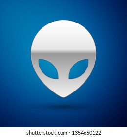 Silver Alien icon isolated on blue background. Extraterrestrial alien face or head symbol. Vector Illustration