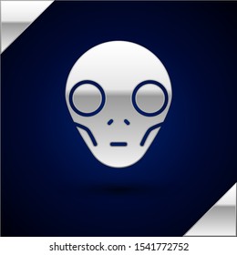 Silver Alien icon isolated on dark blue background. Extraterrestrial alien face or head symbol.  Vector Illustration