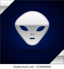 Silver Alien icon isolated on dark blue background. Extraterrestrial alien face or head symbol.  Vector Illustration