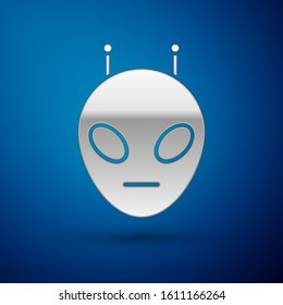 Silver Alien icon isolated on blue background. Extraterrestrial alien face or head symbol.  Vector Illustration