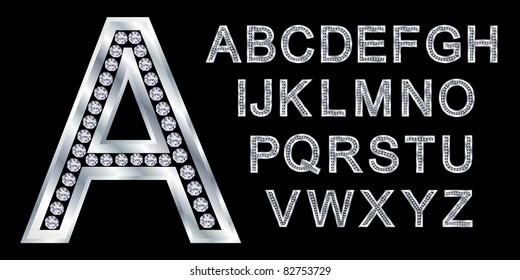 Silver alphabet with diamonds, letters from A to Z, vector illustration
