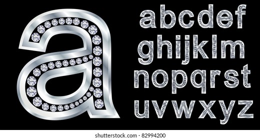 Silver alphabet with diamonds, letters from A to Z, vector illustration
