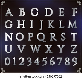 Silver alphabet set. Alphabetic font and numbers. Latin alphabet letters. Blue background. Vector letter design illustration.