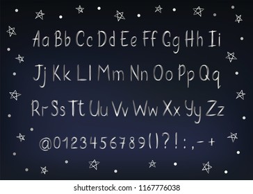 Silver alphabet in sketchy style. Vector handwritten pencil letters, numbers and punctuation marks. Metallic pen handwriting font.