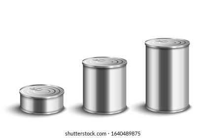 Silver aluminium tin cat set in small, medium and big sizes isolated on white background - realistic mockup of smooth food preserve containers, vector illustration.
