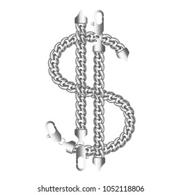 Silver american dollar money sign made of shiny thick metal chains with a lobster claw clasp lock.
Realistic vector illustration isolated on a white background.