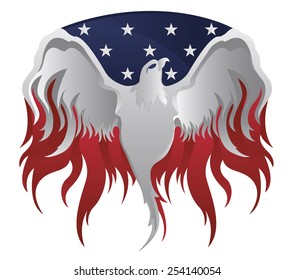 Silver American Eagle on American flag and Flames