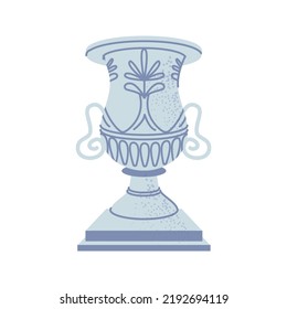 Silver amphora or antique statue with ornament decorations and carvings. Isolated vase made of stone or marble, statuette on pedestal. Vector in flat style