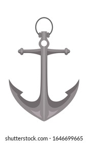 Silver anchor nautical ship equipment. Heavy metal stop marine vessel tool. Old vintage nautical object isolated on white. Sailing, navy, maritime design. Vector flat cartoon illustration