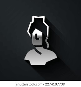 Silver Ancient bust sculpture icon isolated on black background. Long shadow style. Vector