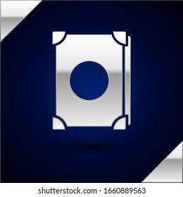 Silver Ancient magic book with alchemy recipes and mystic spells and enchantments icon isolated on dark blue background.  Vector Illustration